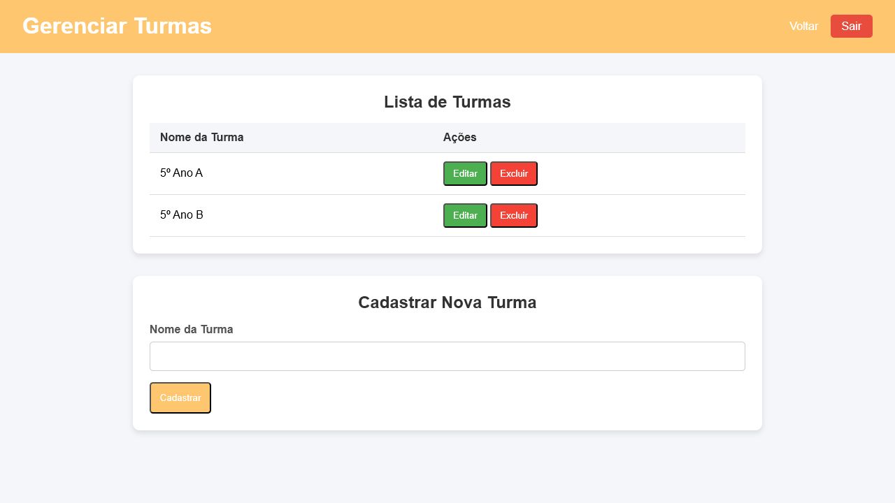 Tela de gerenciamento de turmas do SIGEAS